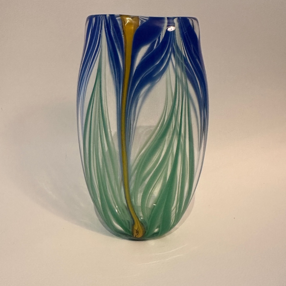 Trish Dalto Signed Iris Vase Studio Art Glass, Blue Green Yellow Stripe